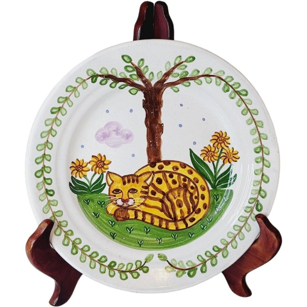 Vintage MM Portugal Hand-Painted Folk Art Kitty Cat Tiger Red Ware Plate‎